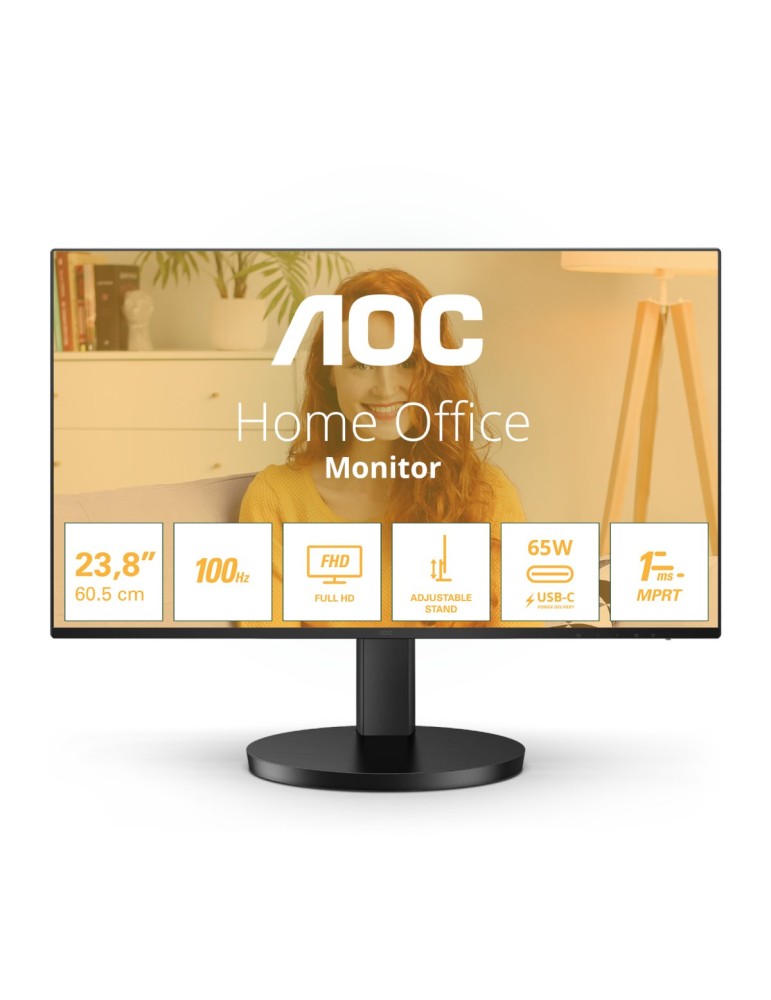 AOC 24B3CF2 24 Zoll Full HD Monitor, Lautsprecher, höhenverstellbar (1920x1080, 100 Hz, HDMI, USB-C (65W PD), USB Hub) schwarz