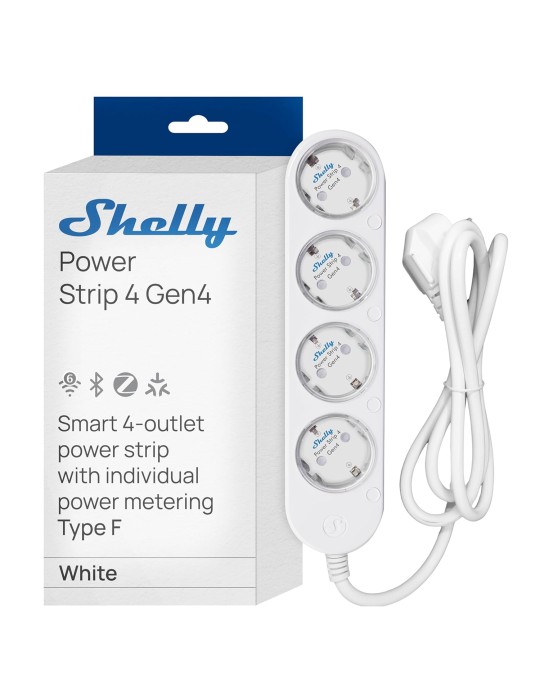 Shelly Power Strip 4 Gen4 weiß - 4-fach Steckdosenleiste, WiFi, Bluetooth, Zigbee, Matter, HomeKit, Alexa / bis zu 12 A pro Stec