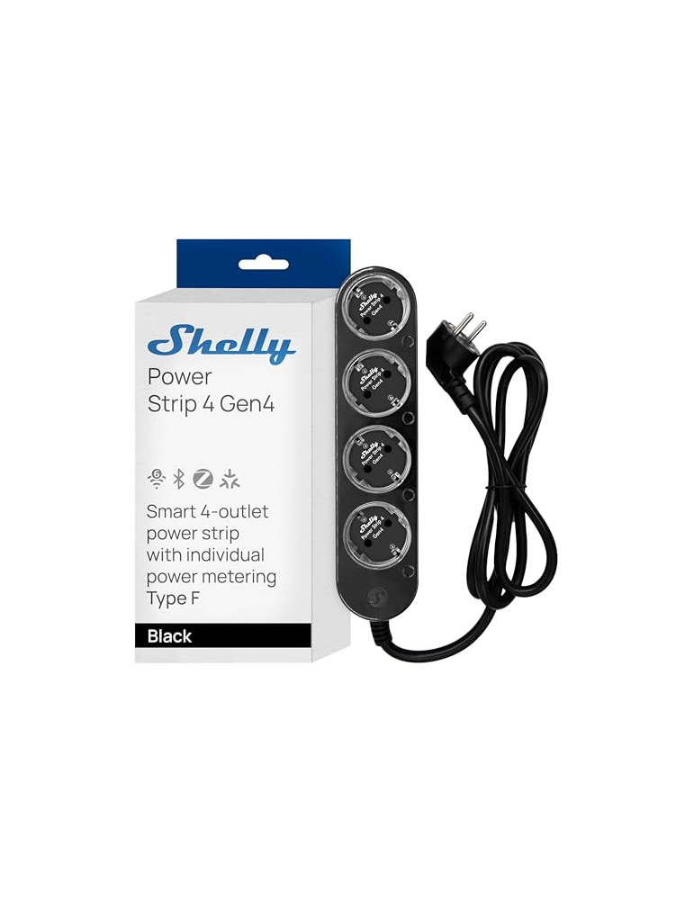Shelly Power Strip 4 Gen4 schwarz - 4-fach Steckdosenleiste, WiFi, Bluetooth, Zigbee, Matter, HomeKit, Alexa / bis zu 12 A pro S