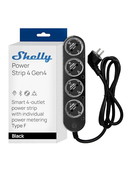 Shelly Power Strip 4 Gen4 schwarz - 4-fach Steckdosenleiste, WiFi, Bluetooth, Zigbee, Matter, HomeKit, Alexa / bis zu 12 A pro S