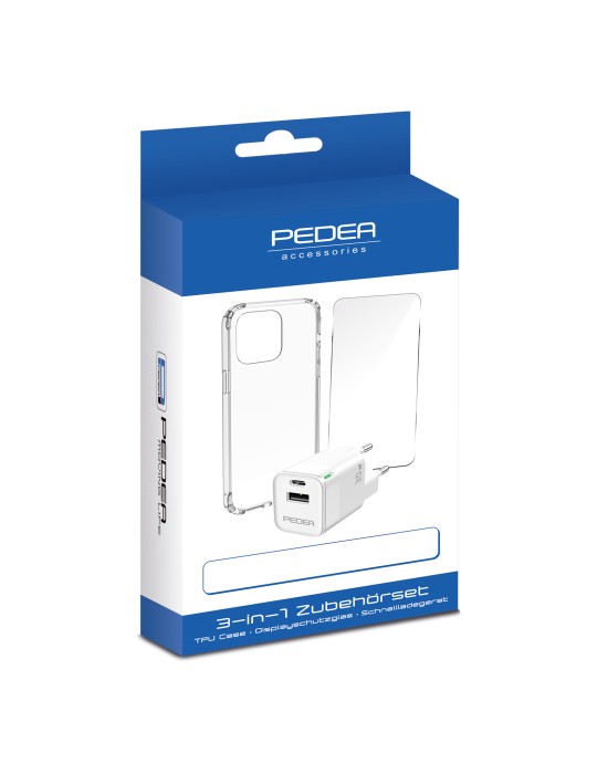 PEDEA All-in-One Set für das iPhone 14 Pro inkl. TPU Case, Schutzglas und 30 Watt Reiselader, transparent
