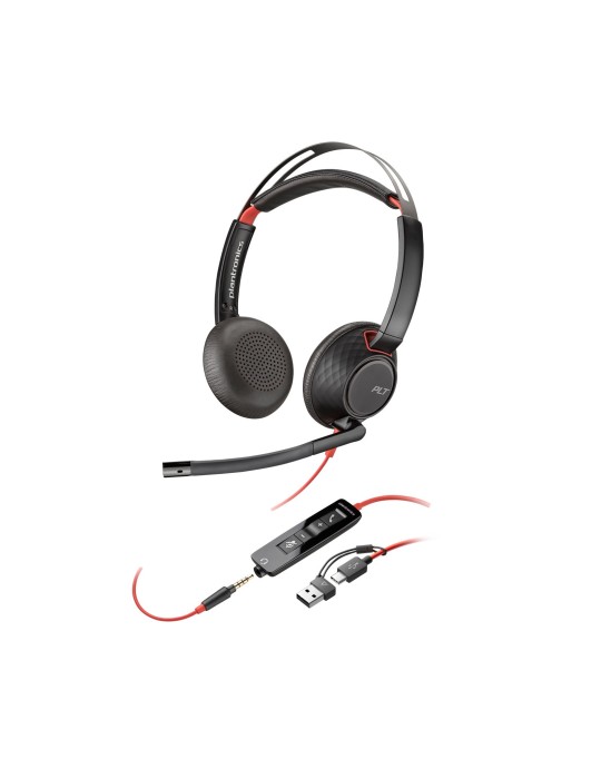 Poly Blackwire 5220 Stereo-Headset, USB-C-Anschluss incl. USB-A-Adapter und 3,5mm Klinkenanschluss
