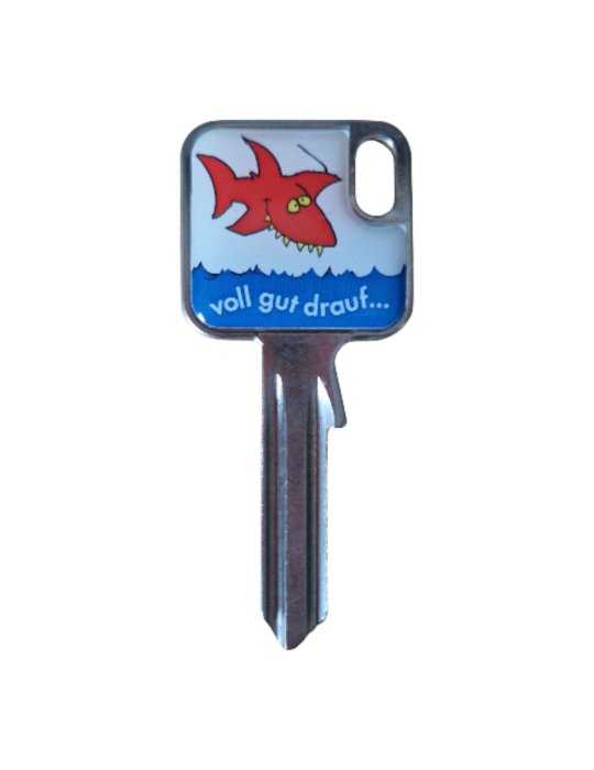 Schlüsselrohling Hai – „voll gut drauf…“ Comic-Design