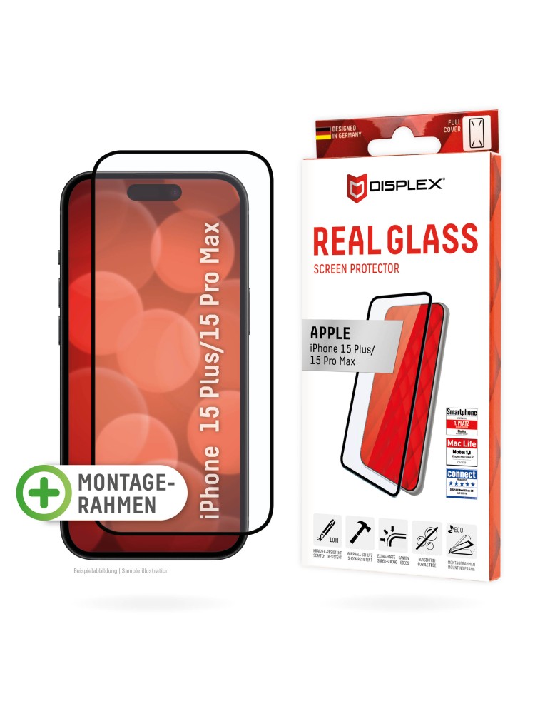 Displex Full Cover Schutzglas für Iphone 15 Pro Max/15 Plus Eco-Montagerahmen, volle Displayabdeckung, Tempered Glas, kratzer-re