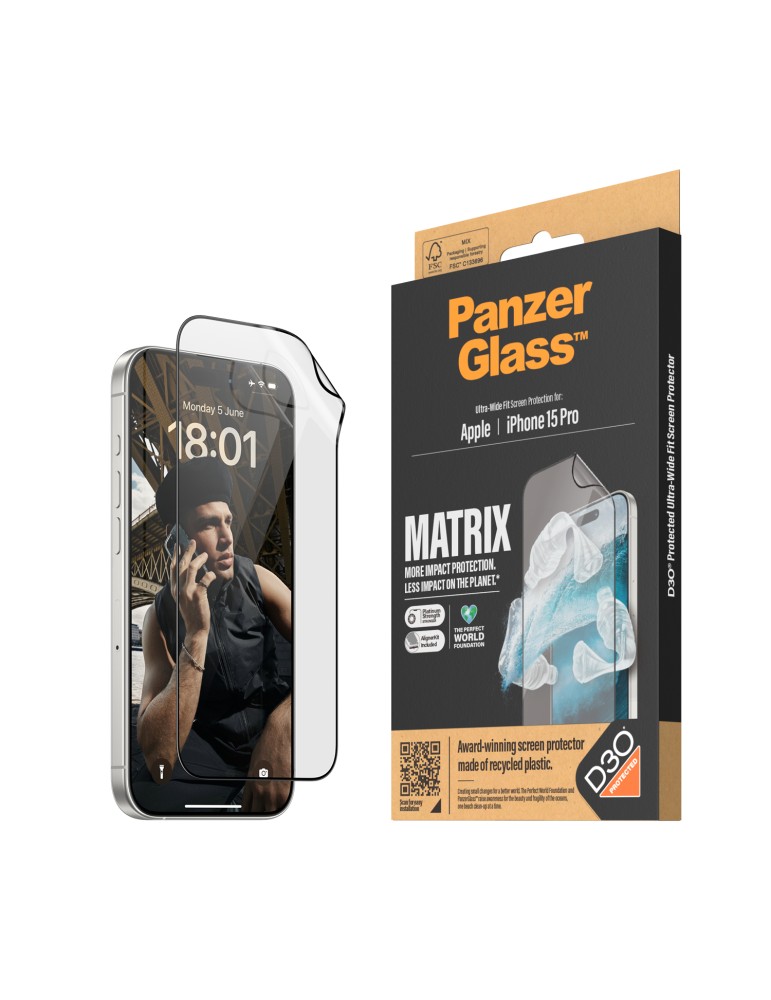 PanzerGlass™ MATRIX Displayschutz mit D3O iPhone 15 Pro Ultra-Wide Fit m. AlignerKit
