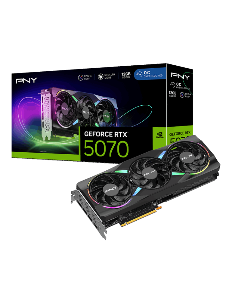 PNY GeForce RTX 5070 ARGB Epic-X RGB Overclocked Triple Fan - 12GB GDDR7, HDMI, 3x DP
