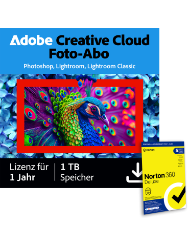 Adobe Creative Cloud Foto-Abo | 1 Jahr | 1TB | PC/Mac inkl. Norton 360 Deluxe | 12 Monate | 5 Geräte