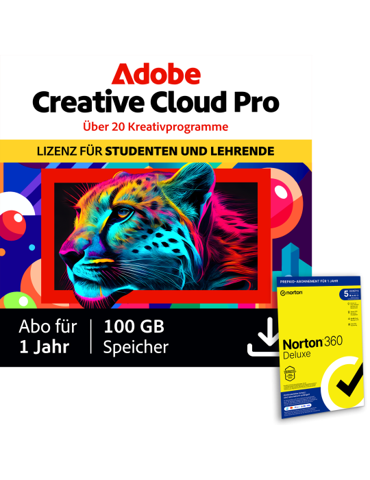 Adobe Creative Cloud Pro STE | Studierende und Lehrende inkl. Norton 360 Deluxe | 12 Monate | 5 Geräte