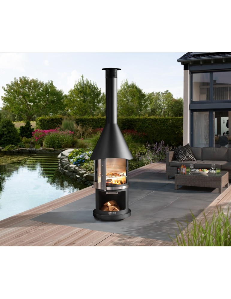 Kamin Melbourne schwarz – Edelstahl Grillkamin mit Schiebetür | ShopVola