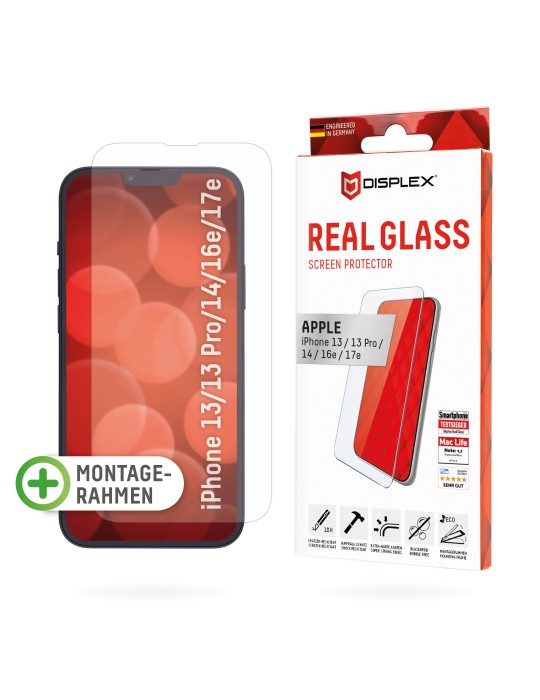 DISPLEX Panzerglas 2D/ Clear für iPhone 13/13 Pro/14/16e/17e Eco-Montagerahmen, Tempered Glas, kratzer-resistente Schutzfolie, h