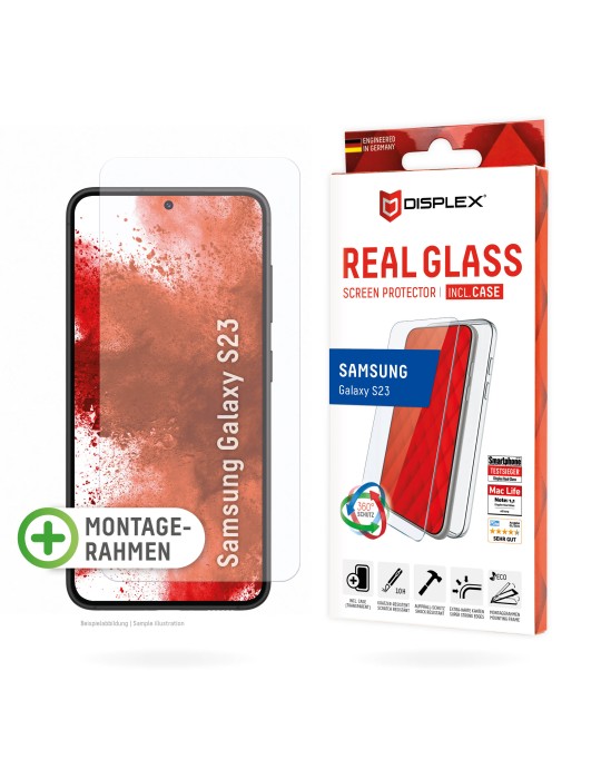 DISPLEX Panzerglas (10H) + Schutzhülle für Samsung Galaxy S23 Schutzhülle, Eco-Montagerahmen, kratzer-resistente Glasschutzfolie