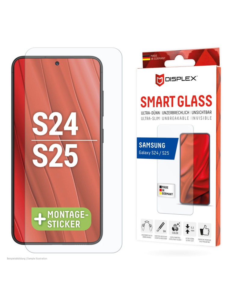 DISPLEX Smart Glass (9H) für Samsung Galaxy S24/S25 Montagesticker, unzerbrechlich, ultra-dünn, unsichtbar