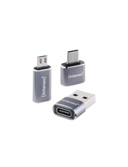 Intenso 3er Pack USB Adapter MIX480, Aluminium grau USB-C Buchse zu microUSB Stecker, USB-C Buchse zu USB-A Stecker, USB-C Buchs