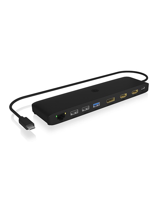 Icy Box USB Type-C DockingStation mit dreifacher Videoausgabe 4x USB-A-, 1x USB-C-PD-, 1x RJ45 Netzwerk-Anschluss, microSD- und 