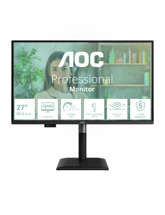 AOC Q27P4U 27 Zoll - QHD Office Monitor IPS Panel, QHD, 120 Hz, 4 ms, HDMI, DP, USB-Hub, USB-C
