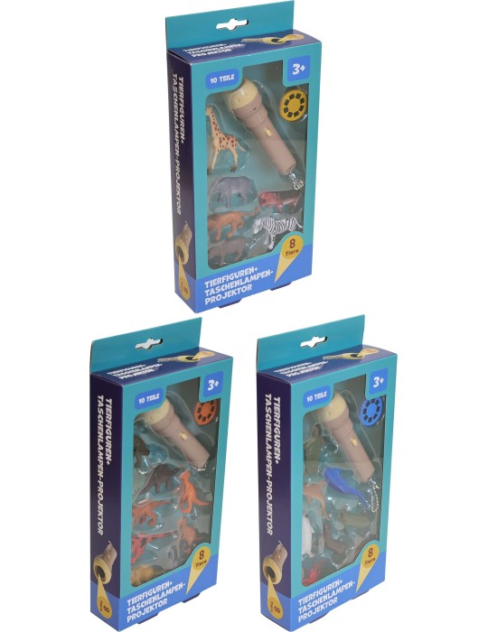 Tierfiguren+Projektor Taschenlampe,3f.s.