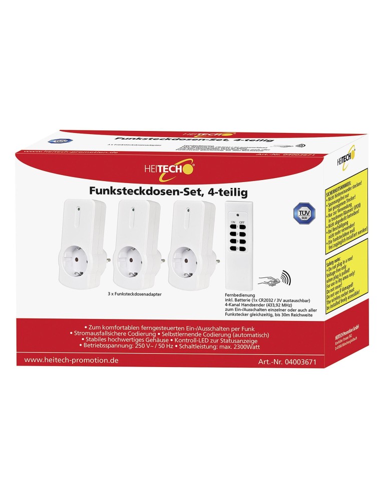 HEITECH Funksteckdosen-Set 4-teilig| 3 Steckdosen | 1 Fernbedienung (inkl. Batterie (1 x CR2032 / 3 V)