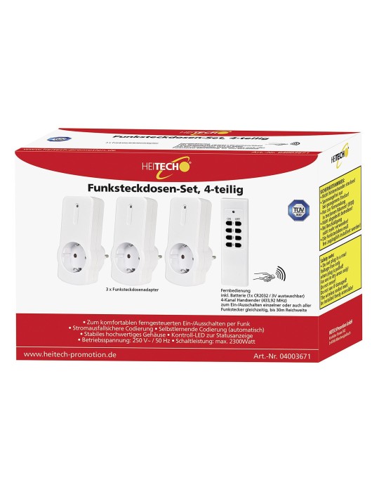 HEITECH Funksteckdosen-Set 4-teilig| 3 Steckdosen | 1 Fernbedienung (inkl. Batterie (1 x CR2032 / 3 V)