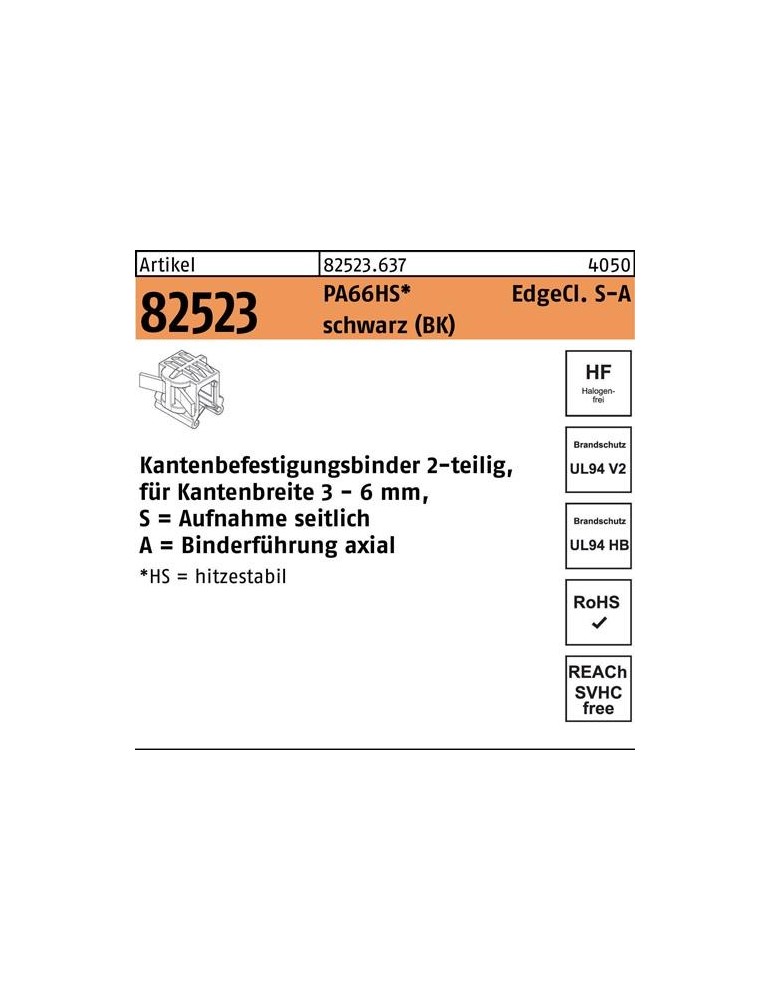 Befestigungsbinder R 82523 Edgecl. 4,6x200/45 PA66HS sw SA 500St HELLERMANNTYTON - VPE: 500