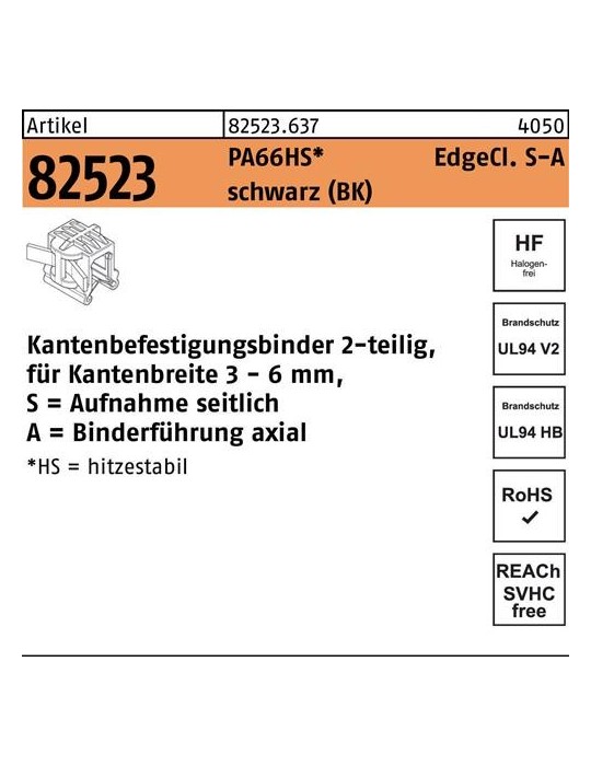 Befestigungsbinder R 82523 Edgecl. 4,6x200/45 PA66HS sw SA 500St HELLERMANNTYTON - VPE: 500