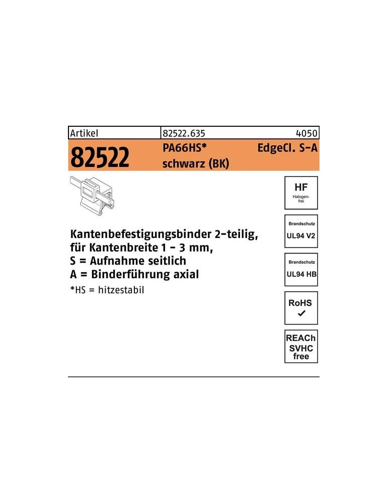 Befestigungsbinder R 82522 Edgecl. 4,6x200/45 PA66HS sw SA 500St HELLERMANNTYTON - VPE: 500