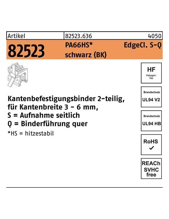 Befestigungsbinder R 82523 Edgecl. 4,6x200 PA66HS sw SQ 500St HELLERMANNTYTON - VPE: 500