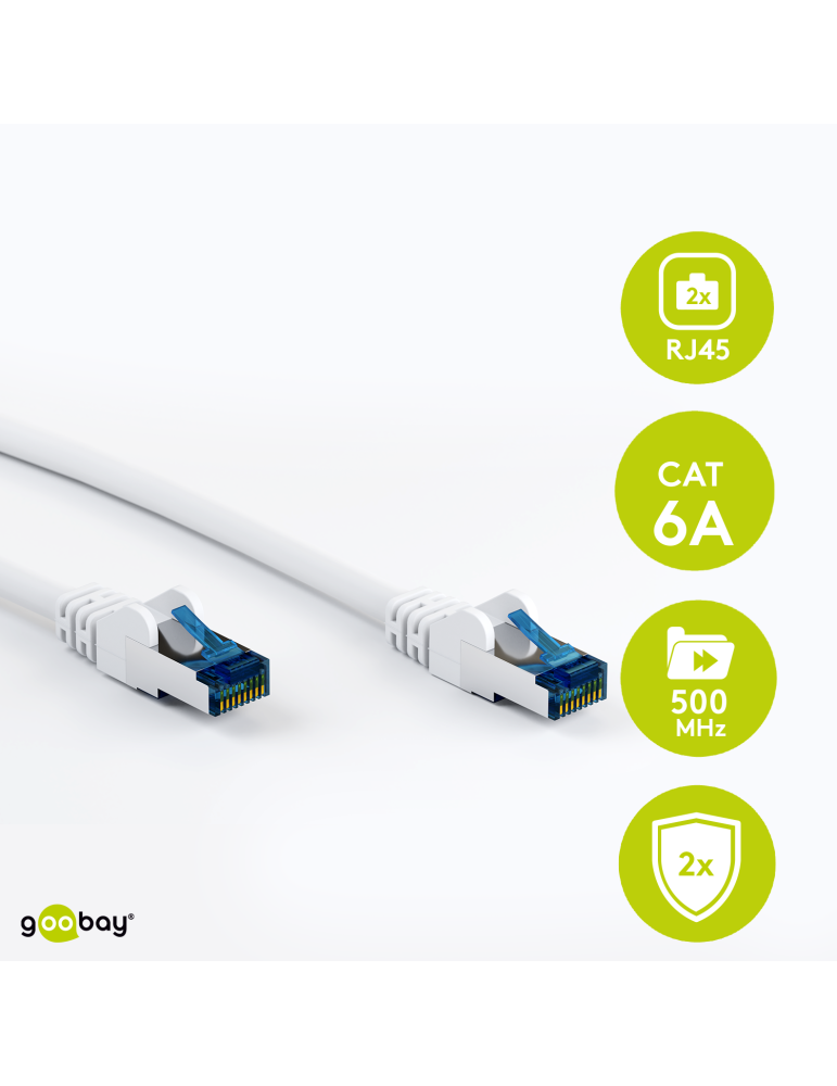 Goobay 0.5m RJ45 Patchkabel CAT 6A S/FTP (PiMF), 500 MHz, mit CAT 7 Rohkabel, weiß LSZH halogenfrei, Kupfer