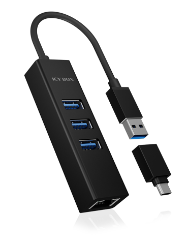 ICY BOX USB 3.2 Gen 1 Type-A+C zu 3x USB 3.2 Gen 1 & 1x Gigabit LAN, Aluminium, schwarz