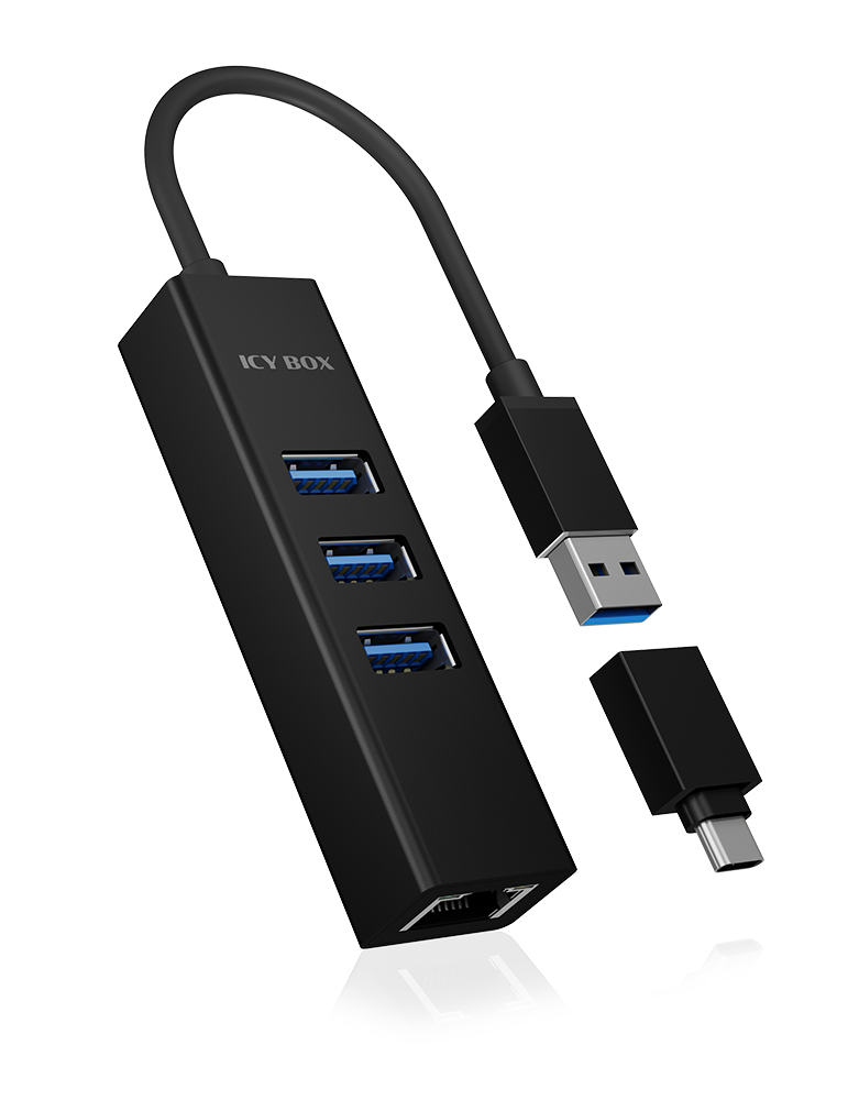 ICY BOX USB 3.2 Gen 1 Type-A+C zu 3x USB 3.2 Gen 1 & 1x Gigabit LAN, Aluminium, schwarz