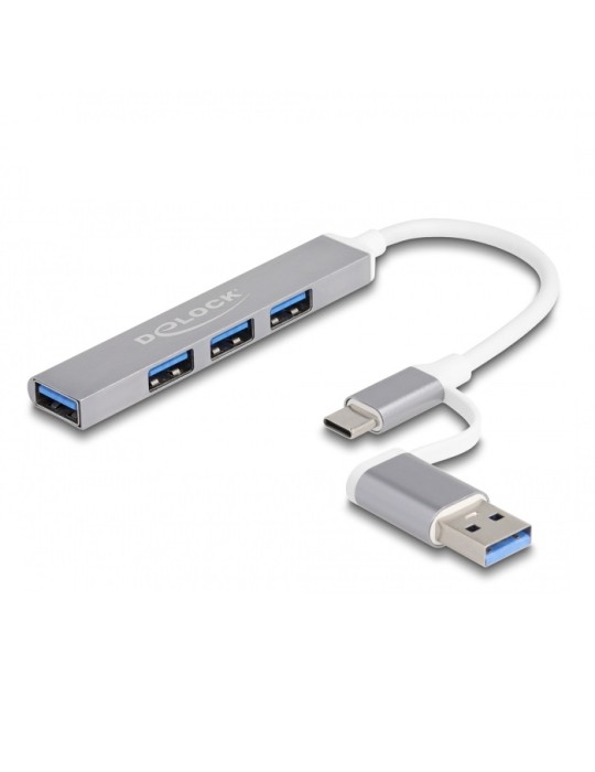 Delock 4 Port Slim USB Hub mit USB Type-C™ oder USB Typ-A zu 3 x USB 2.0 Typ-A Buchse + 1 x USB 5 Gbps Typ-A Buchse