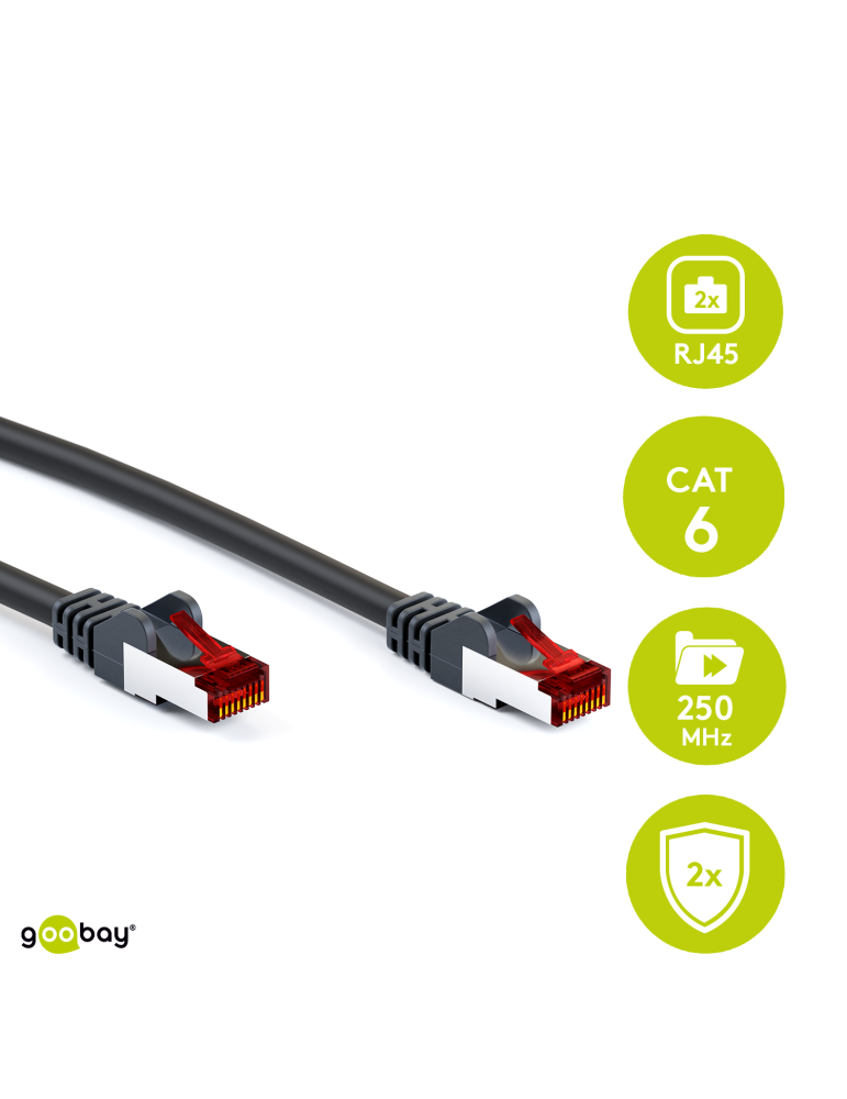 Goobay CAT 6 Patchkabel, S/FTP (PiMF), Schwarz 10m LSZH halogenfrei, Kupfer