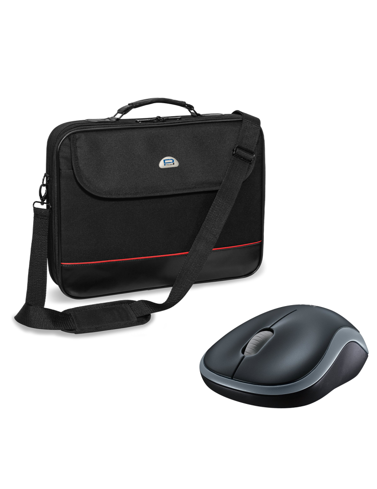 Pedea "Trendline" 15,6", schwarz + Logitech M185, kabellos, grau [schwarz/rot], Wasserabweisendes Nylon, Gepolsterter Rahmen