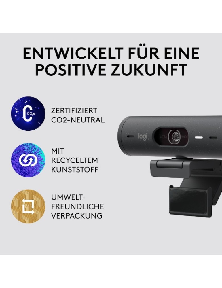 Logitech Brio 500 Webcam - Graphit (Schwarz), Full-HD Auflösung, 90°-Sichtfeld, 2 Mikrofone, Abdeckblende, USB-C-Anschluss