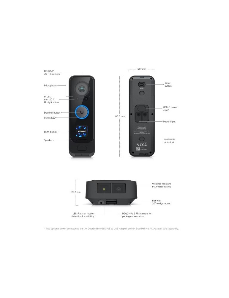 Ubiquiti G4 Professional Video-Türklingel HD (1600x1200), WLAN, 6m Nachtsicht, IPX4 Wetterfest, Integr. Display + Paket-Kamera