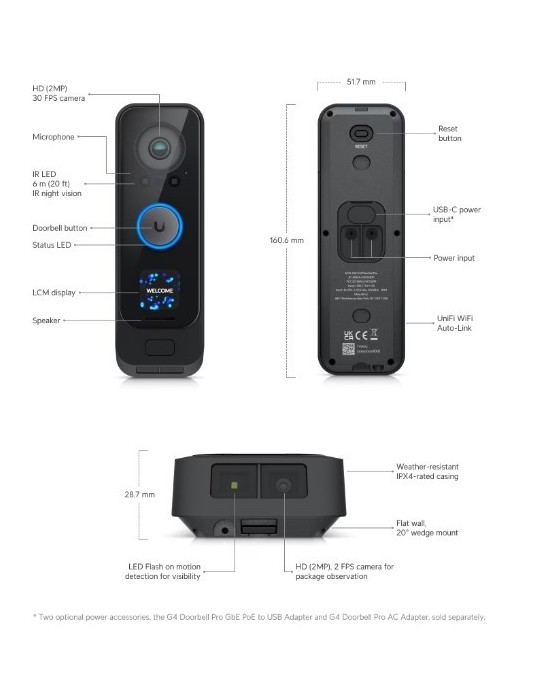 Ubiquiti G4 Professional Video-Türklingel HD (1600x1200), WLAN, 6m Nachtsicht, IPX4 Wetterfest, Integr. Display + Paket-Kamera