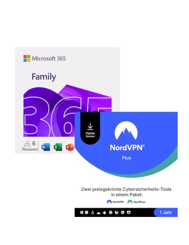 Microsoft 365 Family [6 User] + NordVPN Plus [10 Geräte] - mit Word, Excel, PowerPoint, OneNote, Outlook, Access und VPN + Passw
