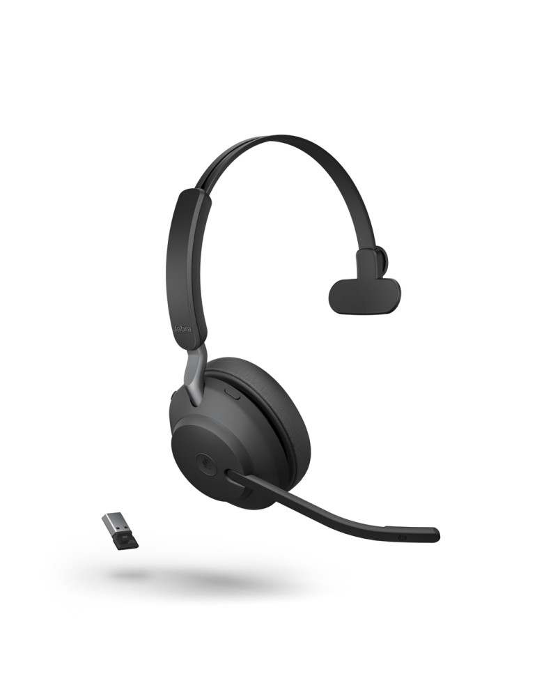 Jabra Evolve2 65 Headset, Mono, kabellos, schwarz Bluetooth, inkl. Link 380 USB-A, inkl. Ladestation, Optimiert Microsoft Teams