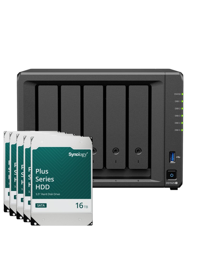 Synology DS1525+ 80TB Plus HDD NAS-Bundle NAS inkl. 5x 16TB Synology Plus 3.5 Zoll SATA Festplatte