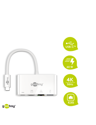 USB-C™ Multiport-Adapter HDMI+Ethernet, PD, weiß - erweitert ein USB-C™ Gerät um einen Ethernet-, einen HDMI™- und einen USB 3.0