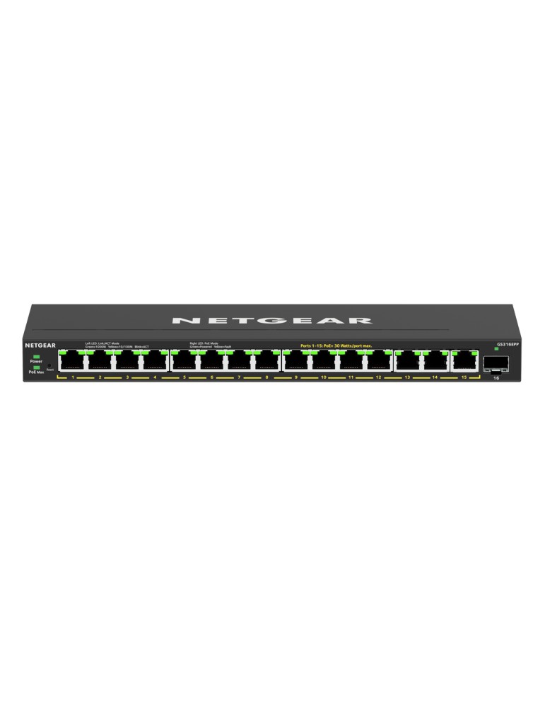 NETGEAR GS316EPP 16-Port Web Managed Switch [15x Gigabit Ethernet, PoE+ 231W, 1x SFP, Metallgehäuse, Lüfterlos]