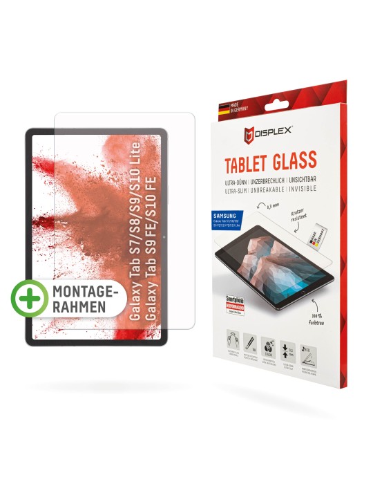 DISPLEX Tablet Glass (9H) Samsung Tab S8/S9/S9FE/S10FE/S10 Lite Eco-Montagerahmen L-Form, unzerbrechlich, ultra-dünn, unsichtbar