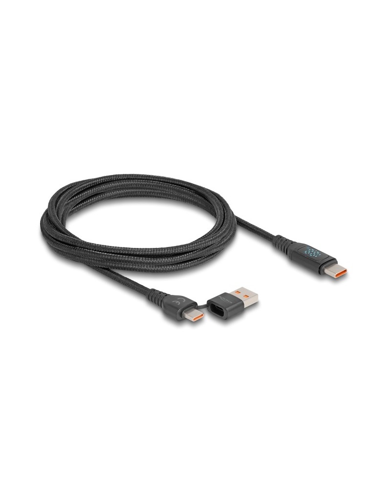 Delock USB 2.0 Schnellladekabel USB Type-C™ + USB Typ-A Stecker zu USB Type-C™ Stecker PD 3.1 140 W mit Leistungsanzeige 1,20 m