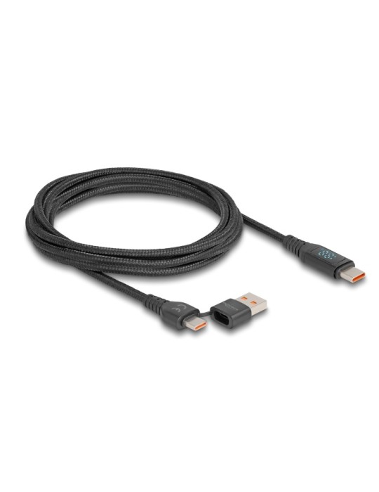 Delock USB 2.0 Schnellladekabel USB Type-C™ + USB Typ-A Stecker zu USB Type-C™ Stecker PD 3.1 140 W mit Leistungsanzeige 1,20 m