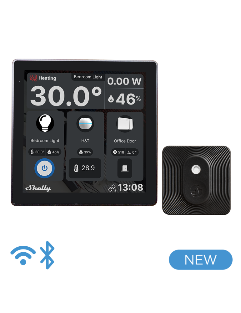 Shelly Wall Display Black + BLU H&T Black Ein smartes Bedienfeld mit integriertem 5-A-Schalter und Farbdisplay + Blu H&T